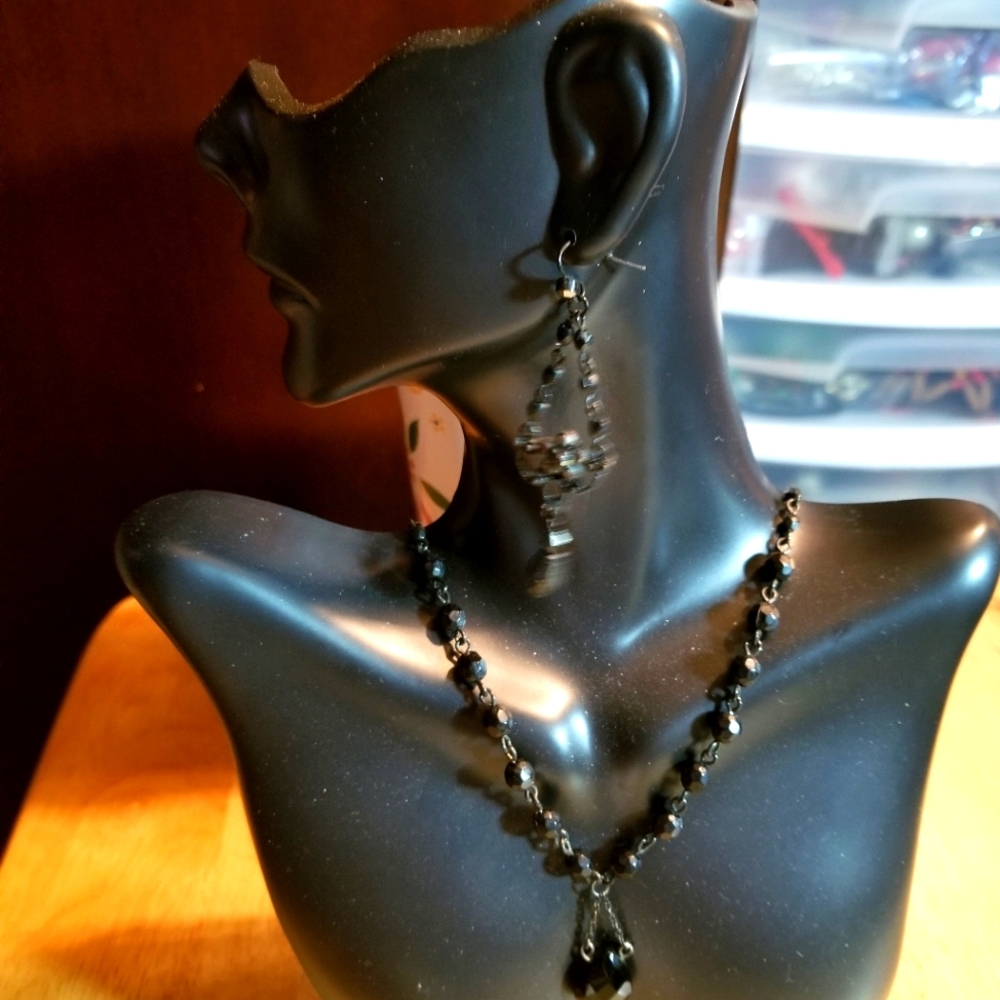 Black Beaded necklace and earring set. #2